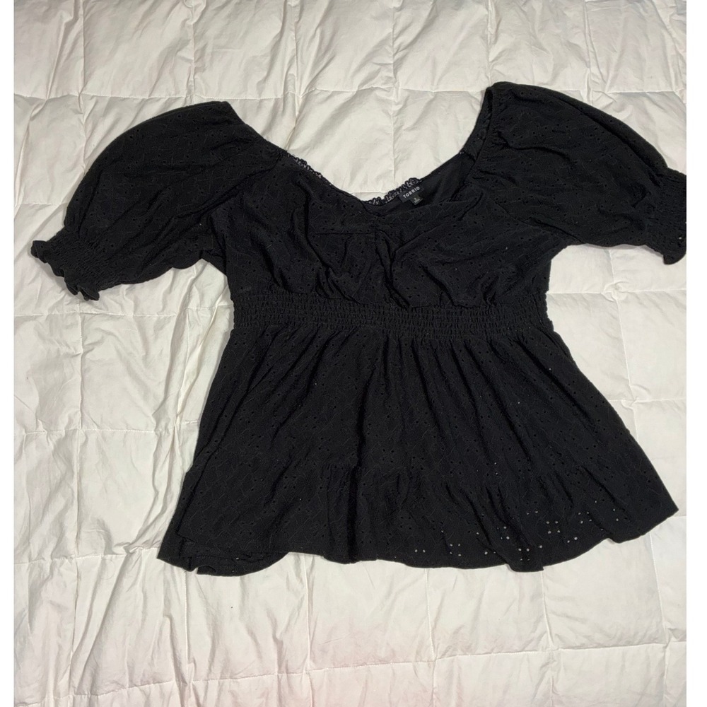 Torrid Black Eyelet Babydoll Top Short Puff Sleeve Smocked Waist Plus Size 3 3X
